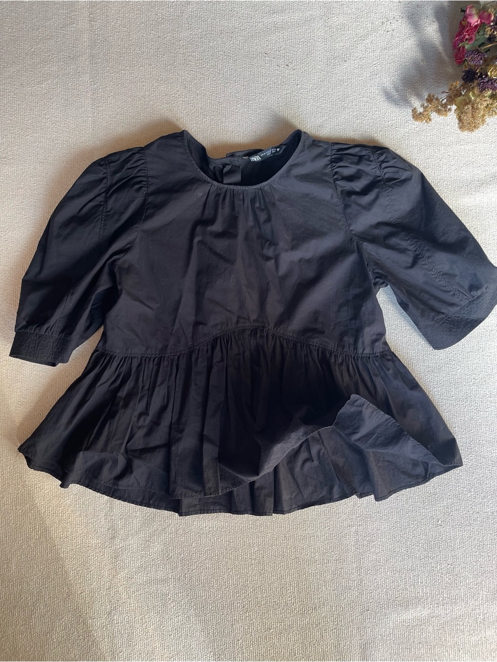 Zara Black Puff Sleeve Peplum Top — Button Back — Size M